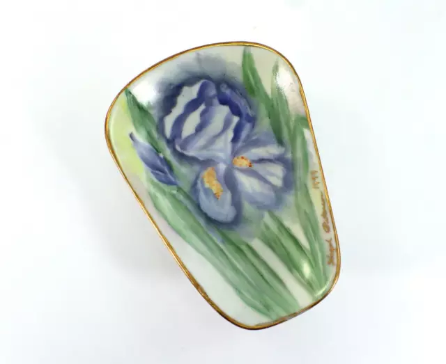 Hazel Peterson TRINKET DISH Purple Iris Hand Painted Porcelain Signed Vtg 1999