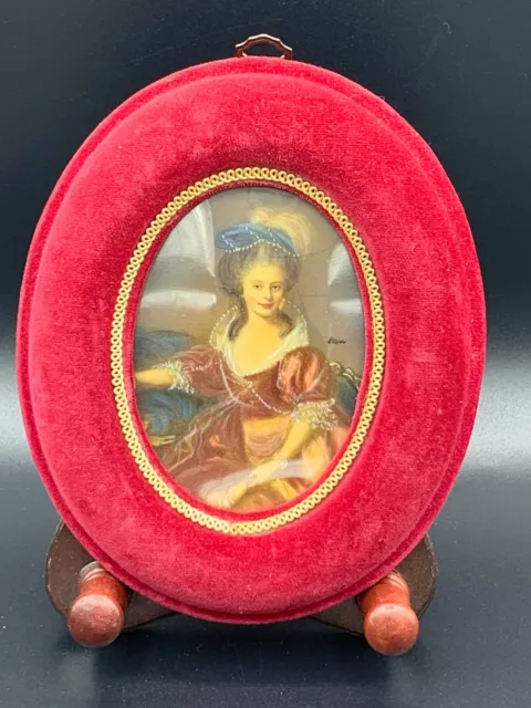 Antique French Hand Painted Portrait Picture Photo Frame Red Velvet Convex Glass