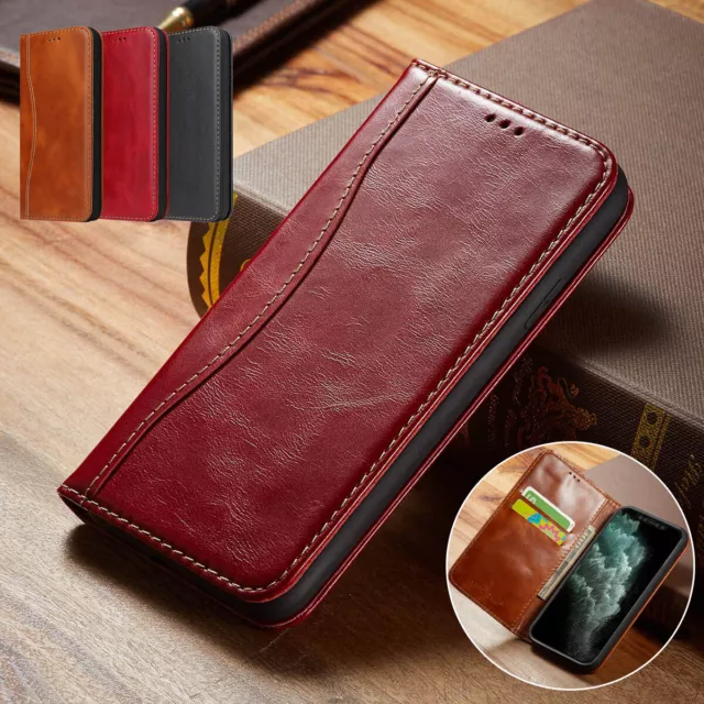 For iPhone 15 14 Plus 13 12 11 Pro Max XR XS Cowhide Real Leather Card Flip Case