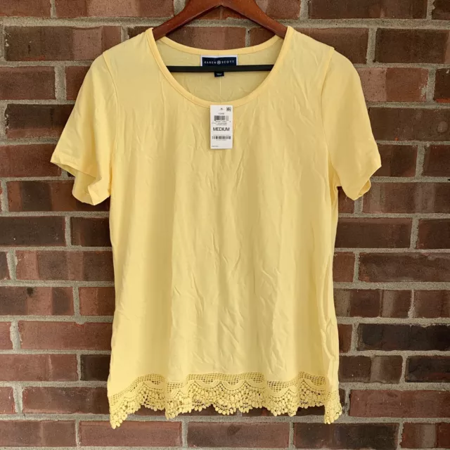 Karen Scott Womens Scoop Neck Crochet-Hem Short Sleeve Top Yellow US Medium NEW