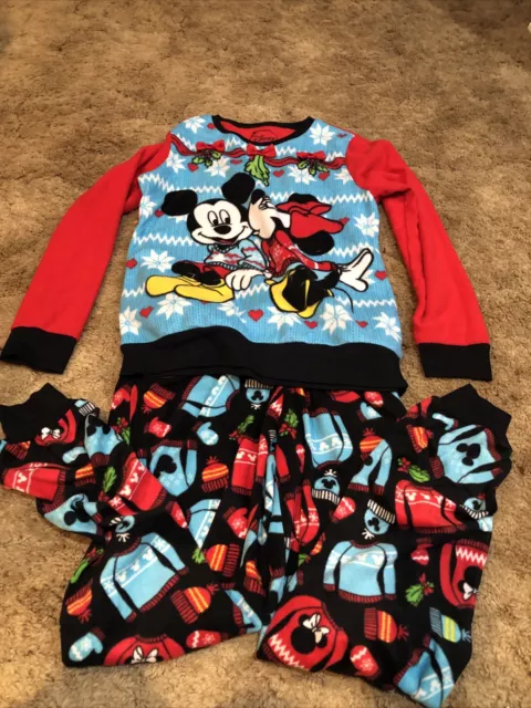 Disney Womens Fleece Mickey Mouse & Minnie Ugly Sweater Pajamas Holiday PJs-XS