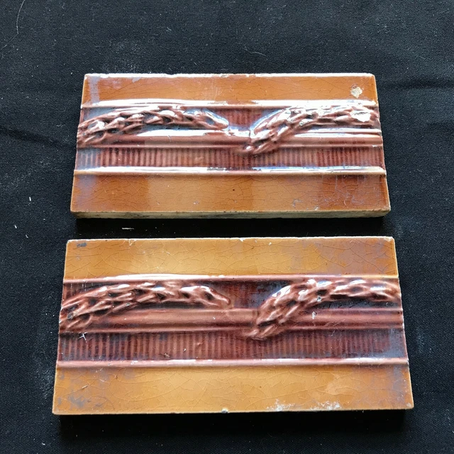 Pair of Reclaimed Antique Ceramic 6" x 3" Victorian Tiles Tiling Décor (BTS19)