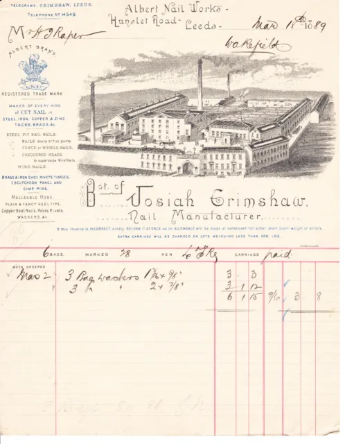 1889 Josiah Grimshaw Leeds Nails Billhead Invoice Receipt Prince Albert Brand
