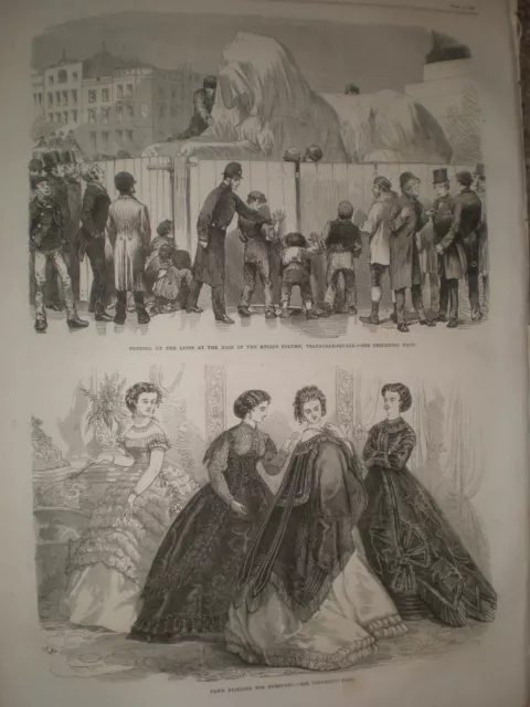 Putting up the lions at Trafalgar Square London 1867 old print ref Y4