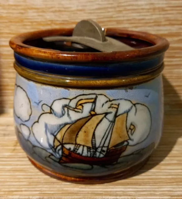 Good Vintage Royal Doulton Galleon Glazed Pottery Tobacco Jar & Spring Lid