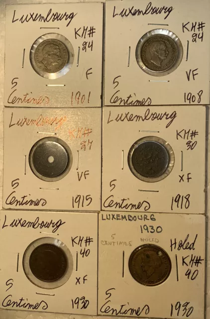 Luxembourg 1901 - 1930 Five 5 Centimes Fine F - XF Condition 6 Coin Lot