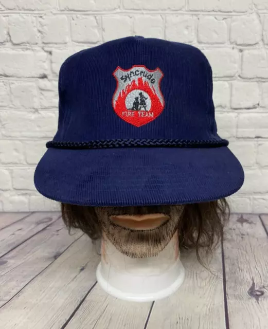 Vintage Corduroy Trucker Hat Rope Cap Snapback Navy Blue Syncrude Fire Team 90s