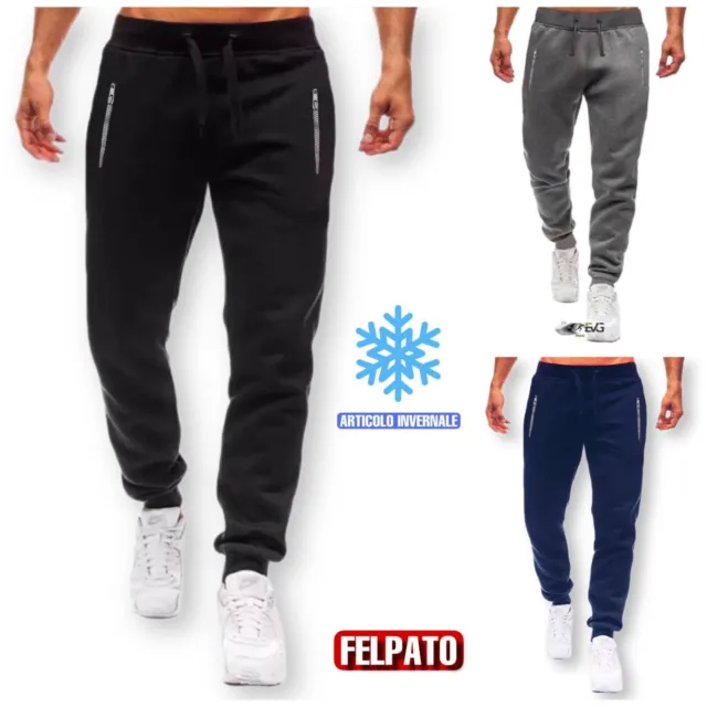 Pantalone Felpato Zip Uomo Tuta Sportiva Fitness Lavoro Elastico Invernale Caldo