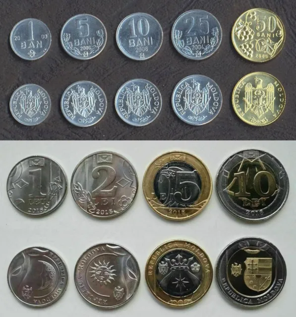 MOLDOVA COMPLETE COIN SET 1+5+10+25+50 Bani 1+2+5+10 Lei 2000-2018 UNC LOT of 9*