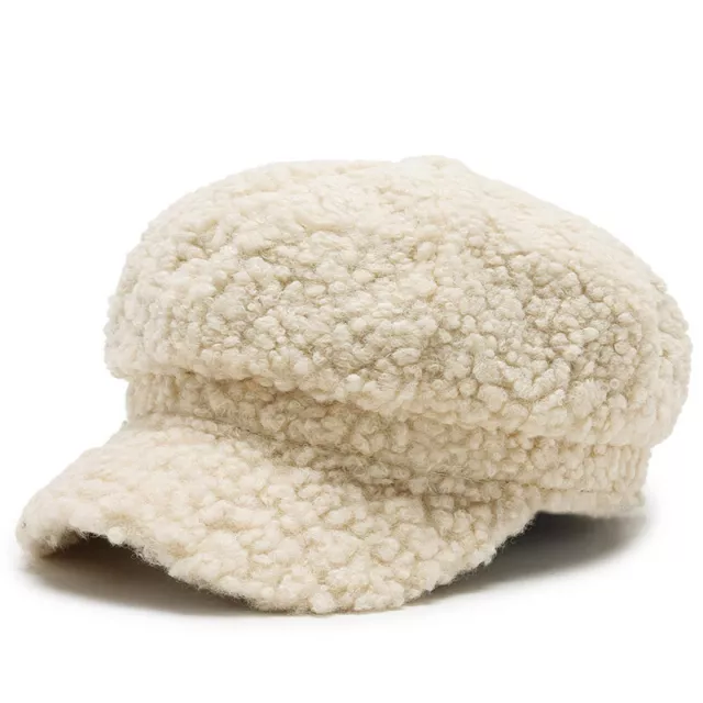 Women Faux Fur Newsboy Hat Beret Cap Cabbie Painter Plush Warm Cute Winter Hat