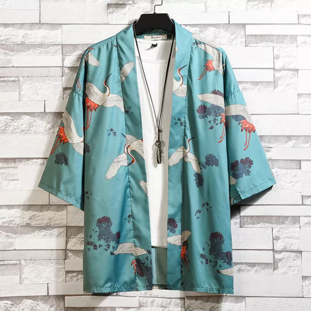 Men Japanese Kimono Crane Print Yukata Haori Shirt Robe Cardigan Top Blouse Chic