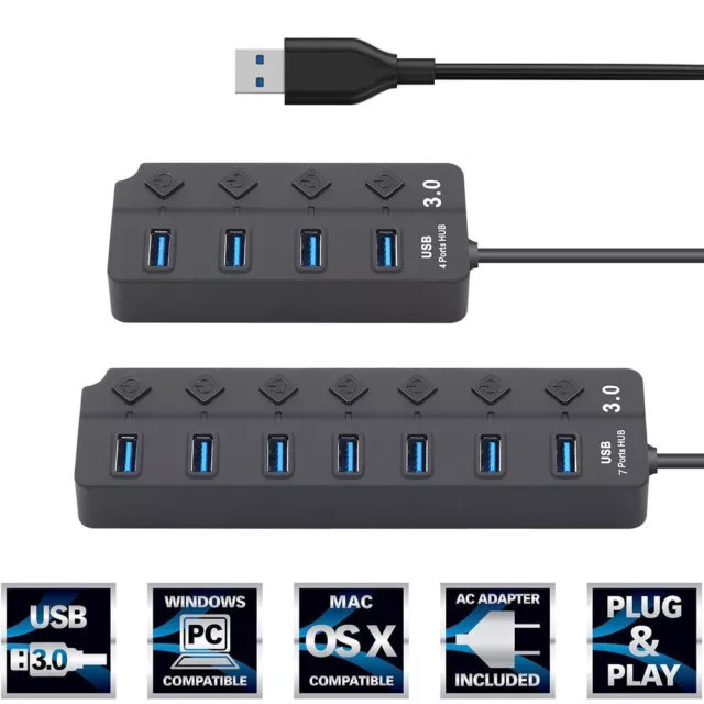 USB 3.0 Hub with Power Adapter 4/7 Ports Splitter On/Off Switch For Laptop PC