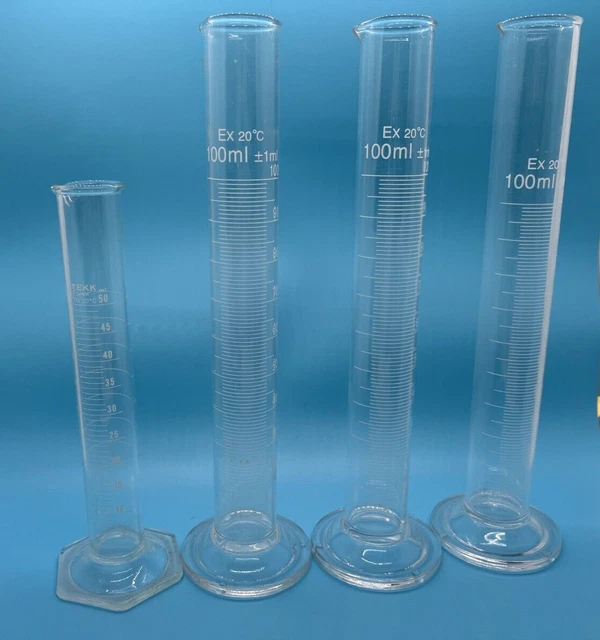 Lot of 3 100mL Standard Graduated Cylinder+ 1 TEKK Graduated Cylinder 50mL Glass