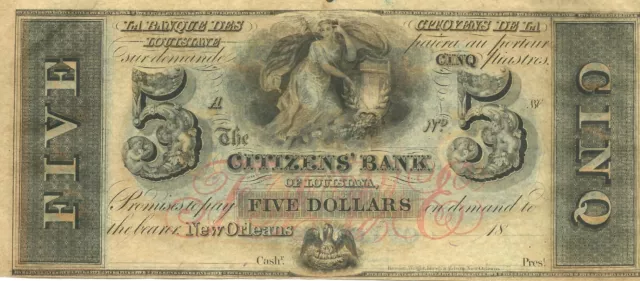 1850s $5 Citizens Bank Of Louisiana New Orleans Crisp UNC Civil War $5 Note