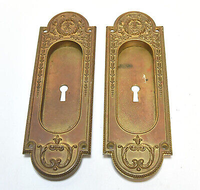 2 Matching Brass Vintage Key Hole Escutcheon Pocket Door Pulls Inserts Handles