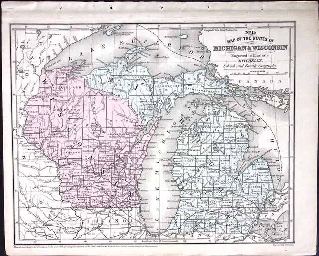 1866 Mitchells School Atlas Map Engraved Illustration TWO PAGE MI WI TX IL KY WV