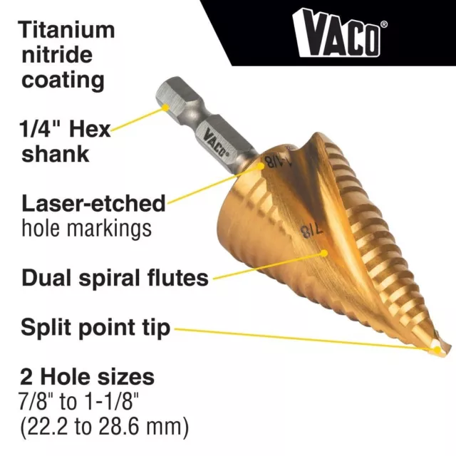 Klein Tools 25961 Step Drill Bit, Spiral Double-Fluted, 7/8" to 1-1/8", VACO 2
