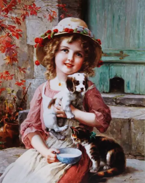 Little girl with a puppy and kitten vintage art by Emile Vernon