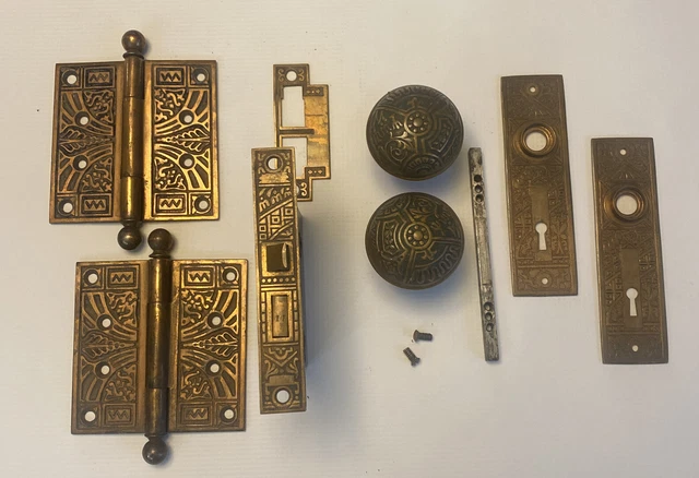 Antique Corbin Ceylon Door Knobs Plates Lock Strike Plate Hinges Key 1895