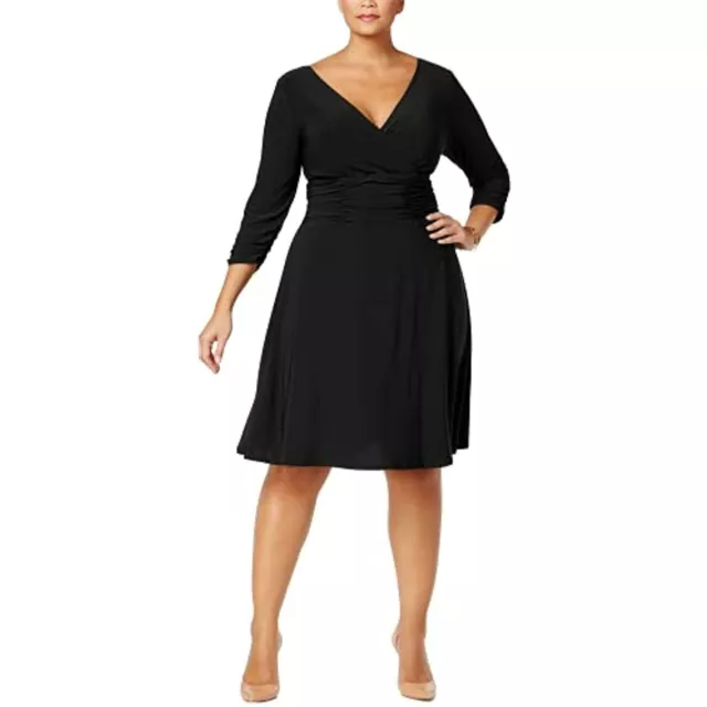 MSRP $70 NY Collection Plus Solid V-Neck 3/4 Sleeve Slim Dress Black Size 1X