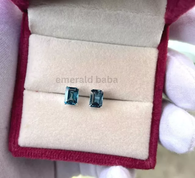 Natural London Blue Topaz Stud Earrings, Emerald Cut Earrings, Gift For Wife