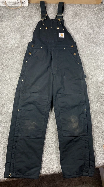 Vtg Mens 32X30 Carhartt R02 BLK Double Knee Duck Canvas Bib Overalls Quilted USA