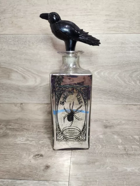 11" Halloween Decor  Arachnid Tonic Glass Potion Bottle  With Raven Cap