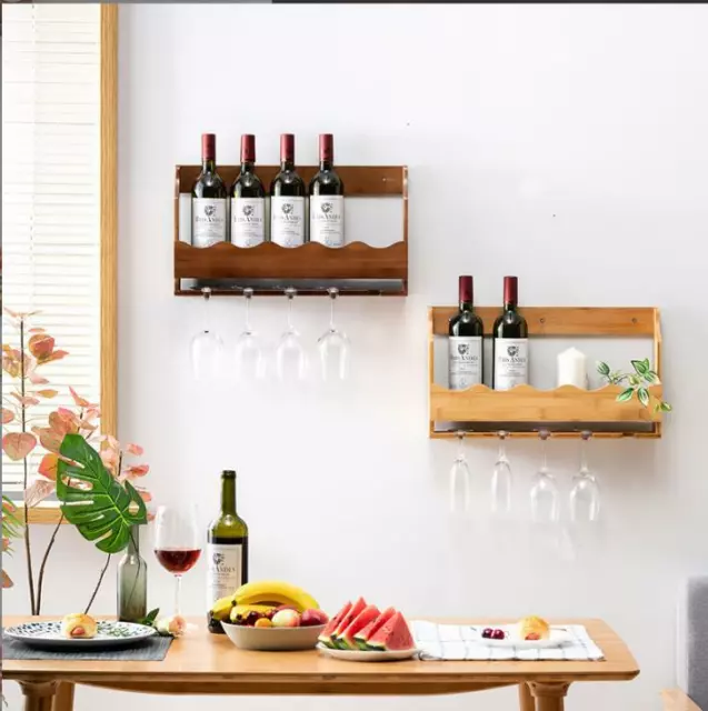 Bamboo Wall Mounted Wine Rack Bottle & Glass Holder Storage Shelf Organizer