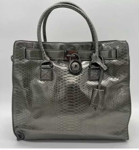 Michael Kors Hamilton Gunmetal Leather Python Snakeskin Leather Shoulder Bag