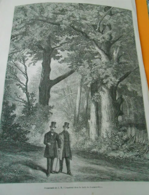 1861 engraving - Promenade de l'Empereur in the forest of Fontainebleau