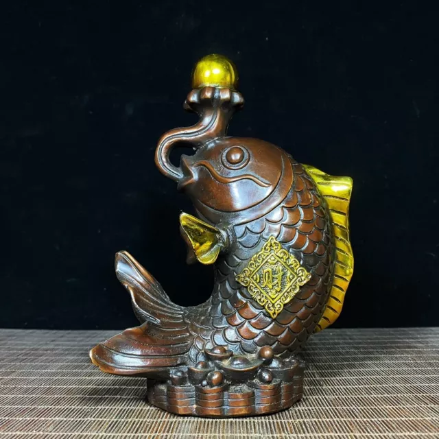 Chinese old copper gilt handmade carven fish play exquisite statue