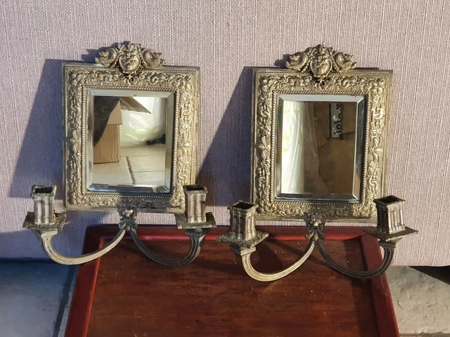 Belle Paire D Appliques Murales En Bronze Miroirs Biseautes