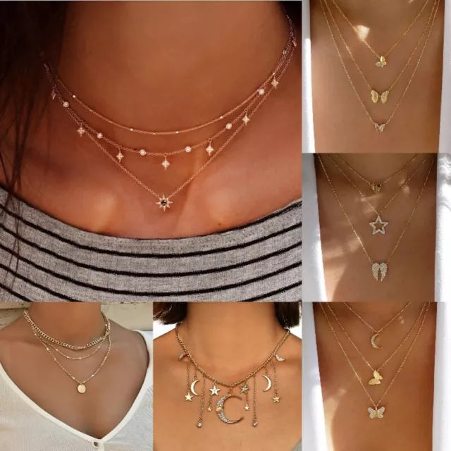 Boho Multi-layer Long Chain Crystal Pendant Choker Necklace Women Jewelry Gifts