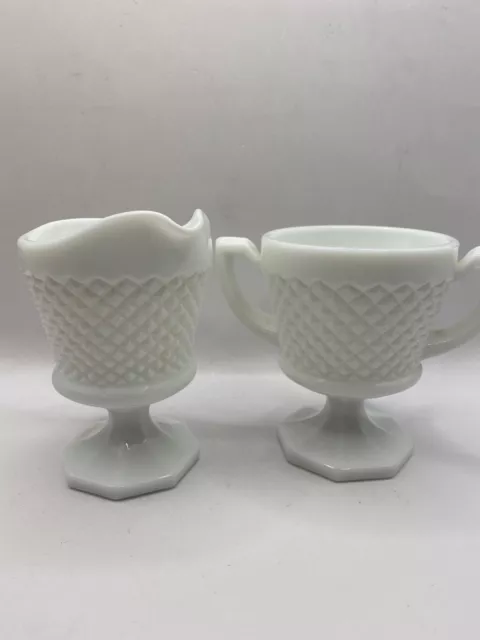 Vintage Milk Glass Diamond Pattern Pedestal  Sugar Bowl & Creamer