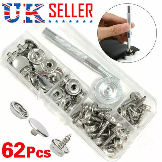 62PCS Heavy Duty Snap Fasteners Press Studs Kit +Poppers Leather Button Tool.