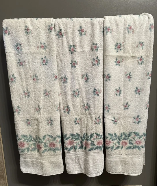 VTG Dundee Bath Towels Pink And Green Flowers Shabby Chic Cottage Set Of 3