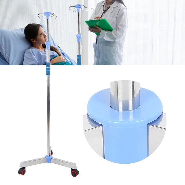 Stainless Steel IV Pole Adjustable IV Drip Stand Infusion Holder With 4 Hooks