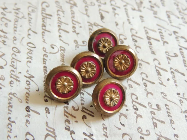 5 Anciens boutons en métal doré et rose collection fleurs french buttons