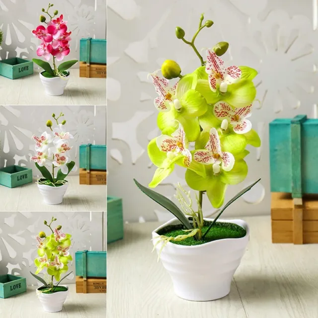 Künstliche Orchidee Topf Kunst Blumen Orchideen Phalaenopsis Pflanze Zuhause Neu