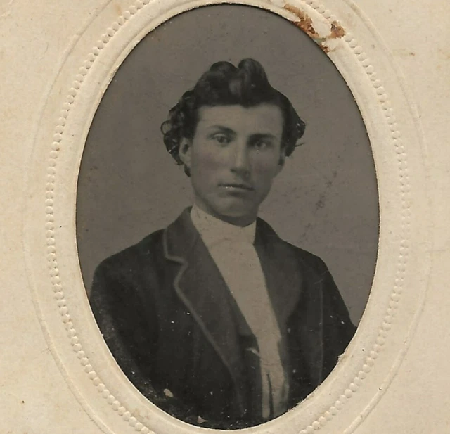Antique Tintype Photo Handsome Young Man Nice Hair Intense Eyes Tinted 1860s