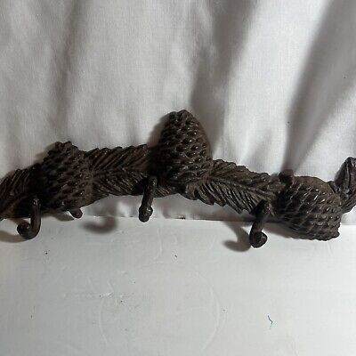 Cast Iron Wall Hanger with 3 Hooks Pinecones 14.5” Long