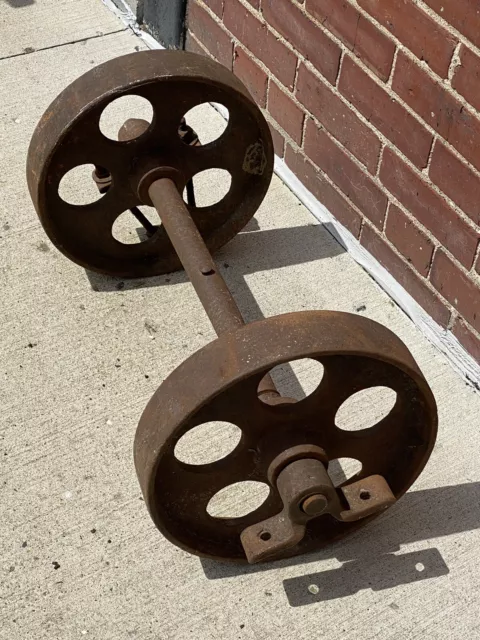 C.1900 Factory Cart Wheels w/ Axle & Mounting Brackets, Salvaged Parts, Restore