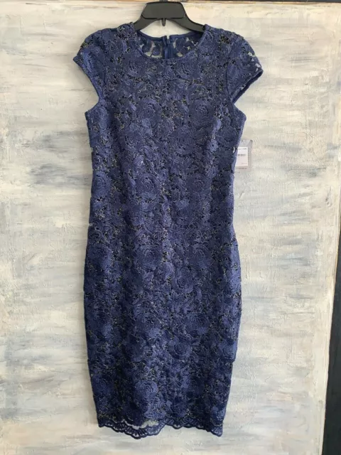 NWOT! MARINA Short Sleeve Scalloped Hem Metallic Lace Sheath Dress, 10 - Navy