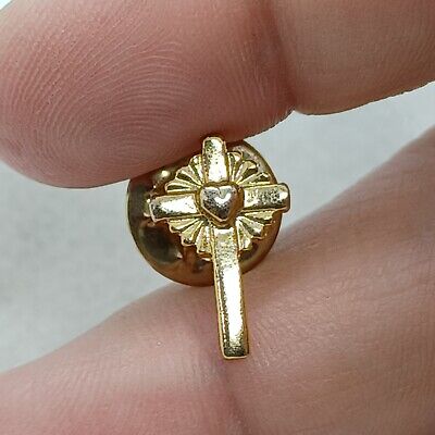 Cross Lapel or Collar Pin with Heart Christianity Jesus Religion Pinback