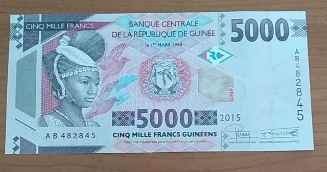 Billet Banque Centrale de la République de Guinée 5000 Francs 2015, Neuf UNC