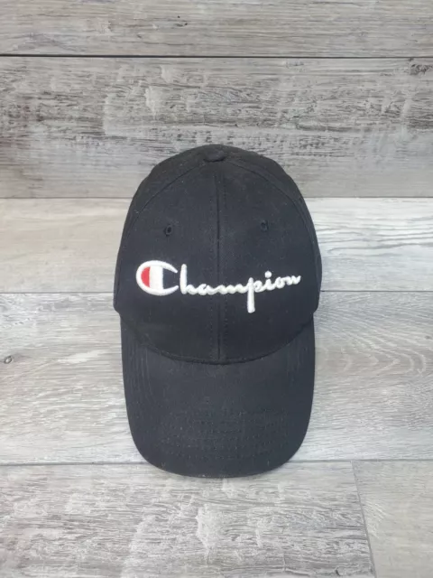 Champion Hat Cap Strap Back Adjustable Black Spell Out Front Logo Cotton Dad☆