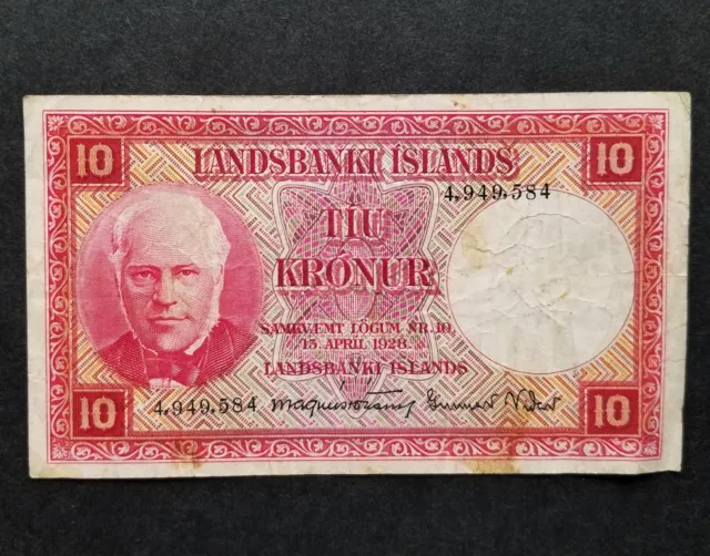 ICELAND 10 Ten Kronur Banknote 1928 # 33 Paper Note