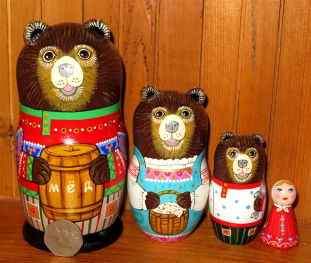 Fairy tale Three Bears & Goldilocks Nesting Russian Dolls Matryoshka 4 signed