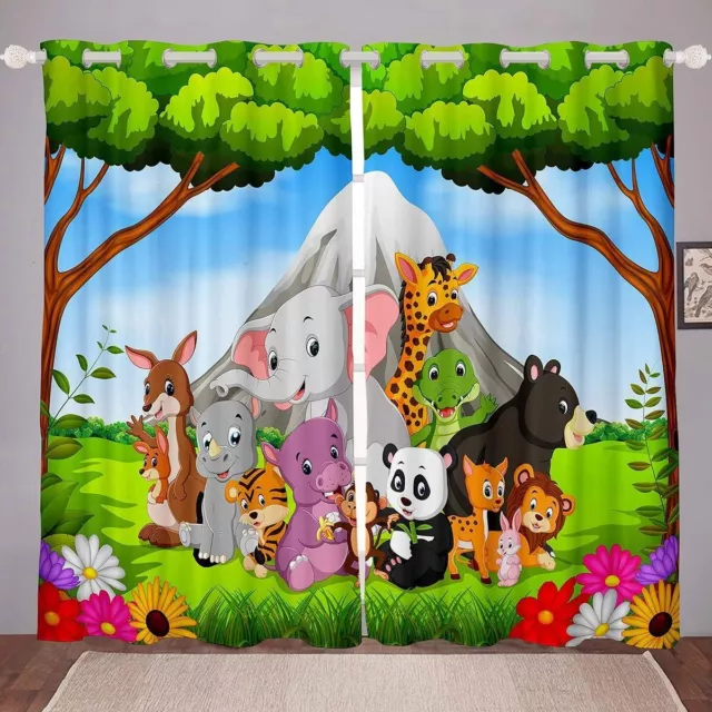 Kids Cartoon Zoo Animals Curtains Bedroom Living Room Eyelet Ring Top Blackout