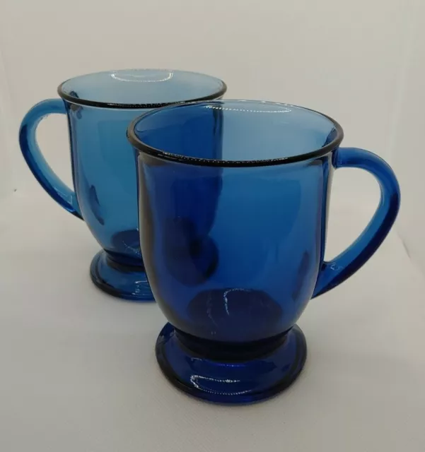 2 Vintage Anchor Hocking Cobalt Blue 5” Glass Mugs *Made In USA*